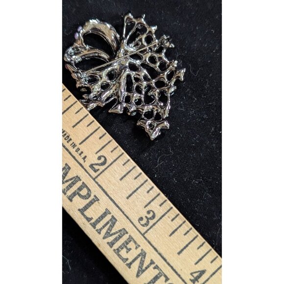 Vintage Rhinestone Floral Brooch Pin Purple & Iridescent Crystals 2" Elegant Bow - Picture 7 of 7